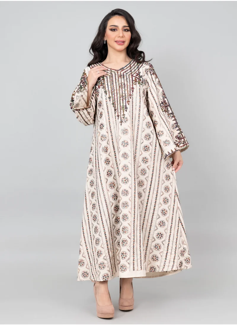 IKKXA Elegant Embroidered Linen Jalabiya IK1027 Beige