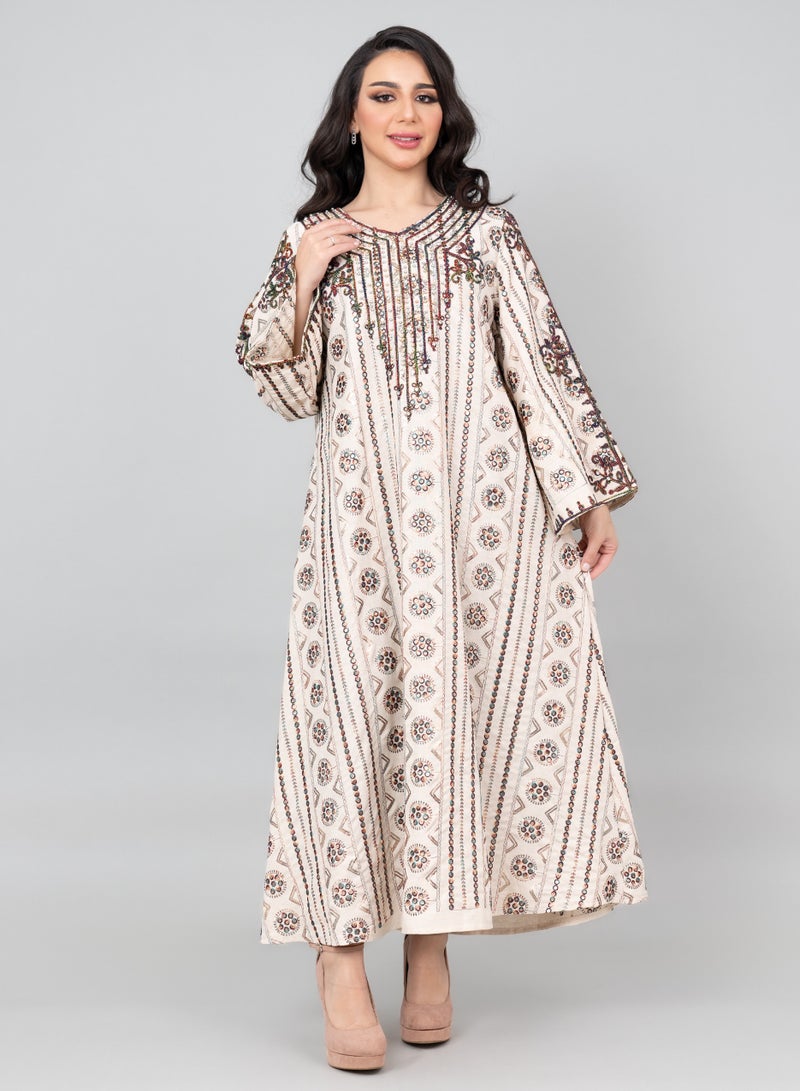 اكسا جلابية كتان مطرزة أنيقة بيج - Image 1