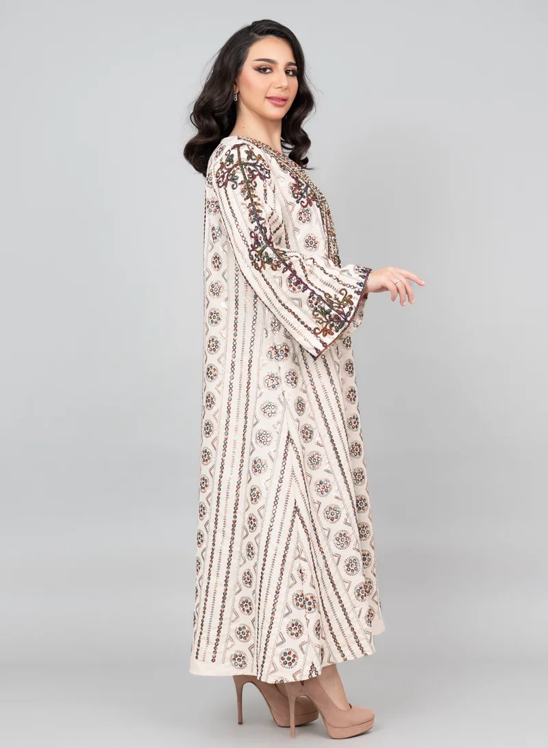 IKKXA Elegant Embroidered Linen Jalabiya IK1027 Beige