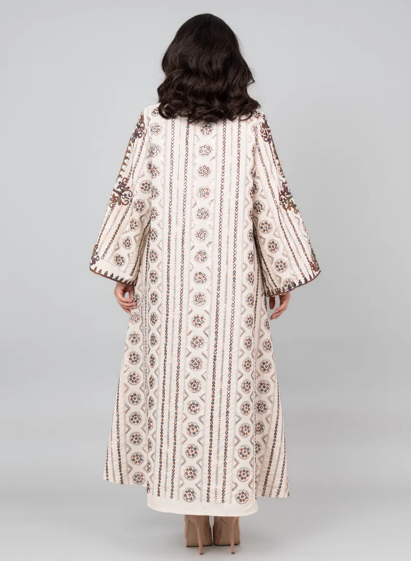 IKKXA Elegant Embroidered Linen Jalabiya IK1027 Beige