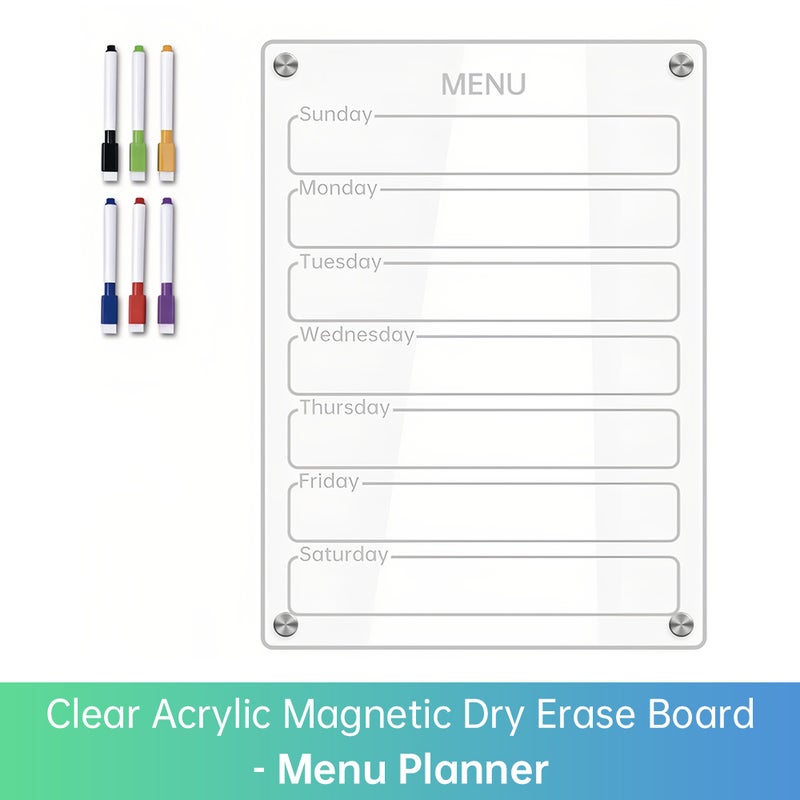 Clear Acrylic Magnetic Dry Erase Board Weekly Planner 8.27x11.7in Writing Board Fridge Reusable Planner with 6 Color Magnetic Markers & 4pcs Magnet  Daily Message Organizer Notepad Wall - Image 3
