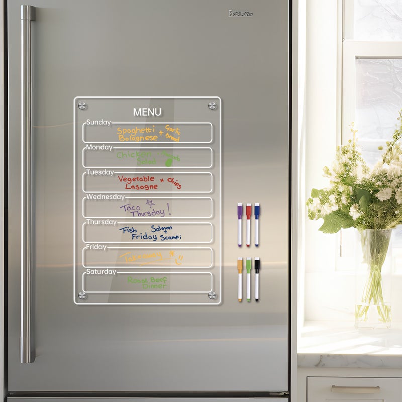 Clear Acrylic Magnetic Dry Erase Board Weekly Planner 8.27x11.7in Writing Board Fridge Reusable Planner with 6 Color Magnetic Markers & 4pcs Magnet  Daily Message Organizer Notepad Wall - Image 4