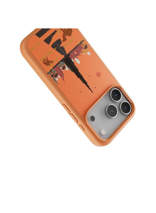 LEVELO Vallo PU leather Case iPhone 17 Pro Max With Dubai Embroidery Design / Scratch & Wear Resistant / Raised Bezels for Camera & Screen / Shock-Resistant Bumper - Sunrise Orange - Image 4