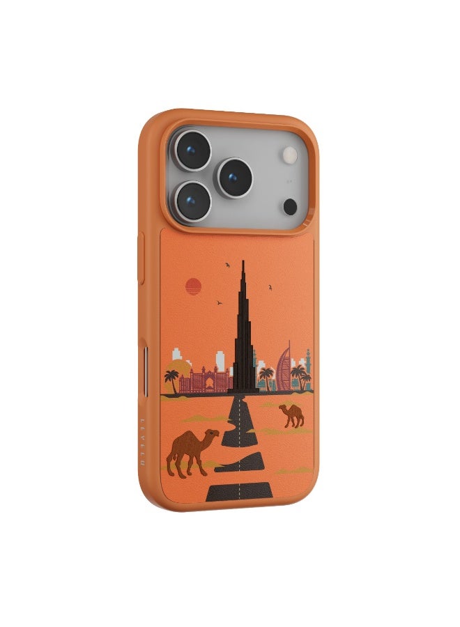 LEVELO Vallo PU leather Case iPhone 17 Pro Max With Dubai Embroidery Design / Scratch & Wear Resistant / Raised Bezels for Camera & Screen / Shock-Resistant Bumper - Sunrise Orange - Image 3