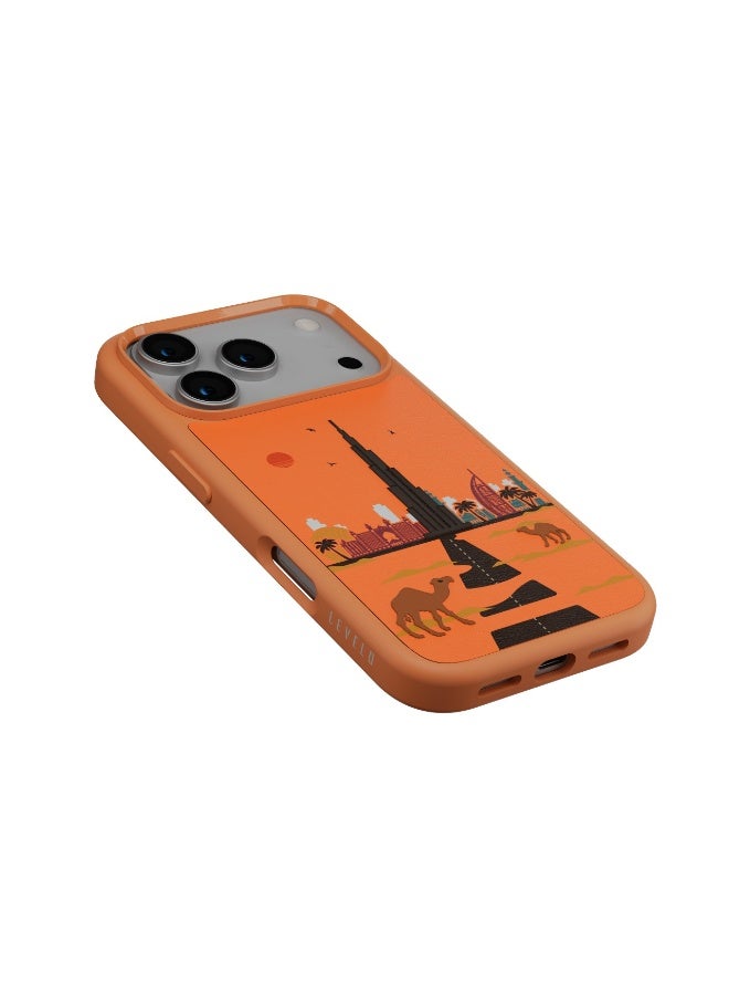 LEVELO Vallo PU leather Case iPhone 17 Pro Max With Dubai Embroidery Design / Scratch & Wear Resistant / Raised Bezels for Camera & Screen / Shock-Resistant Bumper - Sunrise Orange - Image 2