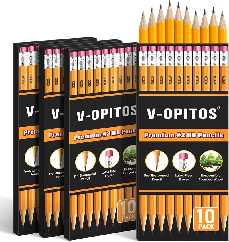 في-أوبيتوس أقلام رصاص V-Opitos ذات الغلاف الخشبي رقم 2 ��ن نوع HB، 4 صناديق بالجملة أقلام رصاص مبرية مسبقاً بممحاة علوية لإمدادات مدرسية للمعلمين، الكتابة، الرسم والتخطيط - Image 1