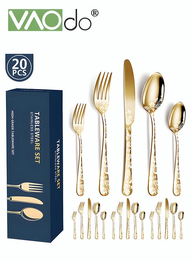 VAOdo - 20PCS Stainless Steel Cutlery Set Butterfly Silverware Set Service for 4 Stainless Steel Flatware Personal Set with Steak Knives Mirror Polished Cutlery Set Gold - Image 1