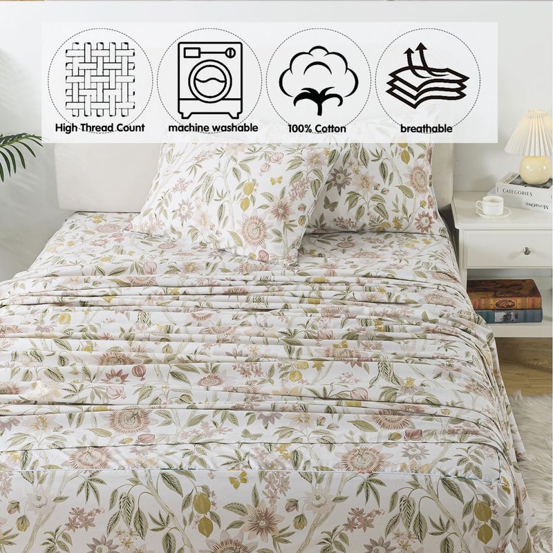 FADFAY Queen Size Sheets 100% Cotton Botanical Floral Bed Sheet Leaves Sunflower Printed Farmhouse Bedding Lemon Butterfly Patterned Deep Pocket Flower Sheets Luxury 600 TC Soft Breathable 4 Pcs - Image 4