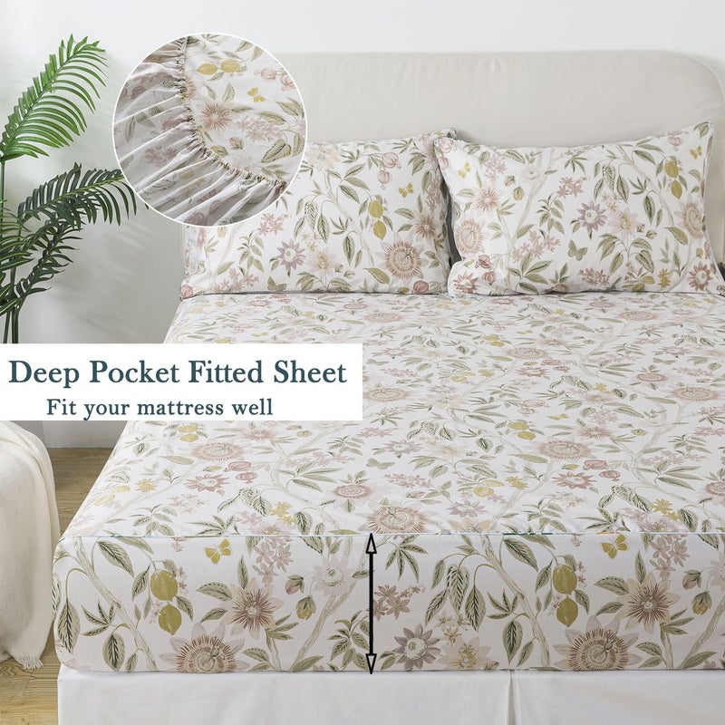 FADFAY Queen Size Sheets 100% Cotton Botanical Floral Bed Sheet Leaves Sunflower Printed Farmhouse Bedding Lemon Butterfly Patterned Deep Pocket Flower Sheets Luxury 600 TC Soft Breathable 4 Pcs - Image 3