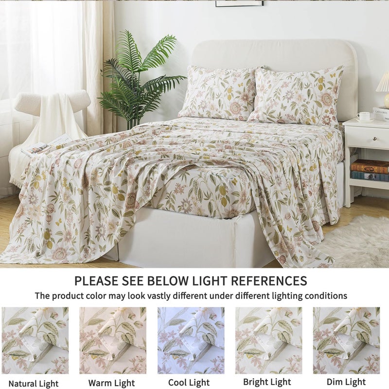 FADFAY Queen Size Sheets 100% Cotton Botanical Floral Bed Sheet Leaves Sunflower Printed Farmhouse Bedding Lemon Butterfly Patterned Deep Pocket Flower Sheets Luxury 600 TC Soft Breathable 4 Pcs - Image 5