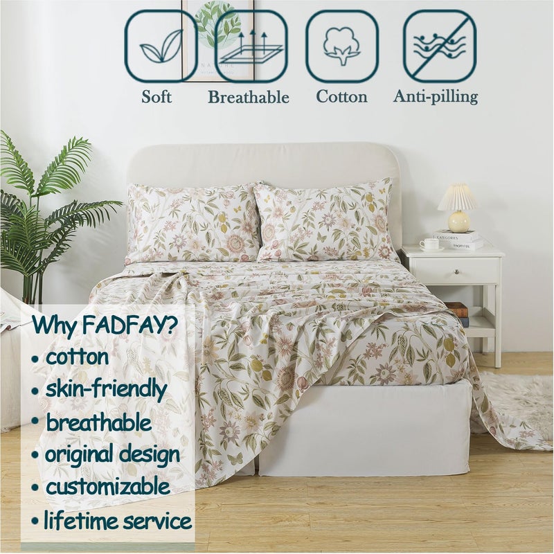 FADFAY Queen Size Sheets 100% Cotton Botanical Floral Bed Sheet Leaves Sunflower Printed Farmhouse Bedding Lemon Butterfly Patterned Deep Pocket Flower Sheets Luxury 600 TC Soft Breathable 4 Pcs - Image 2