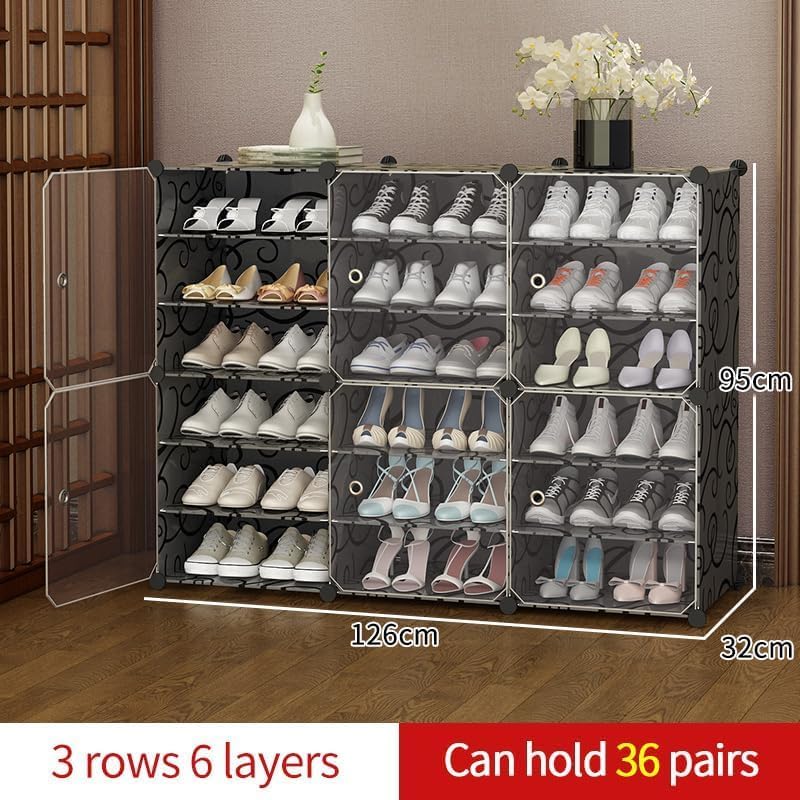 Zemic Shoe Rack DIY Portable Shoe Rack Organizer/Multi-Purpose Shelf Storage Cabinet Stand Expandable for Heels, Boots, Slippers Plastic Portable and Folding Shoe Rack (18-Shelf, Black) - Image 2