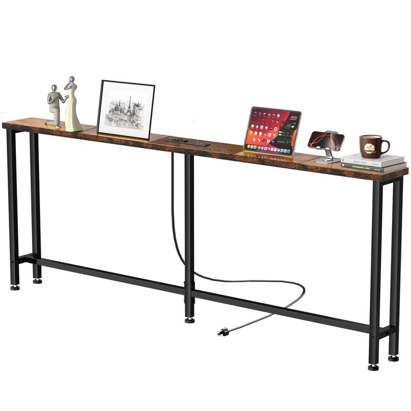 GRLEAF 70" Sofa Table with Built-in Power Strip (2 AC Outlets & 2 USB Ports) â€“ 4.9ft Power Cord, Metal Frame, Easy Assembly, Long Couch Table Behind Sofa, Living Room and Home Office | Rustic Brown - Image 1