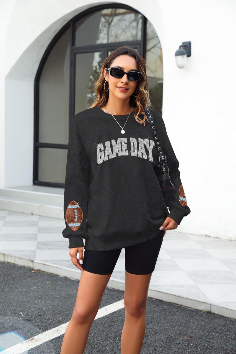 BEIDEFY Game Day Sweatshirt for Women Sequin Football Long Sleeve Shirt Crew Neck Sunday Funday Pullover Tops Dark Gray - Image 2