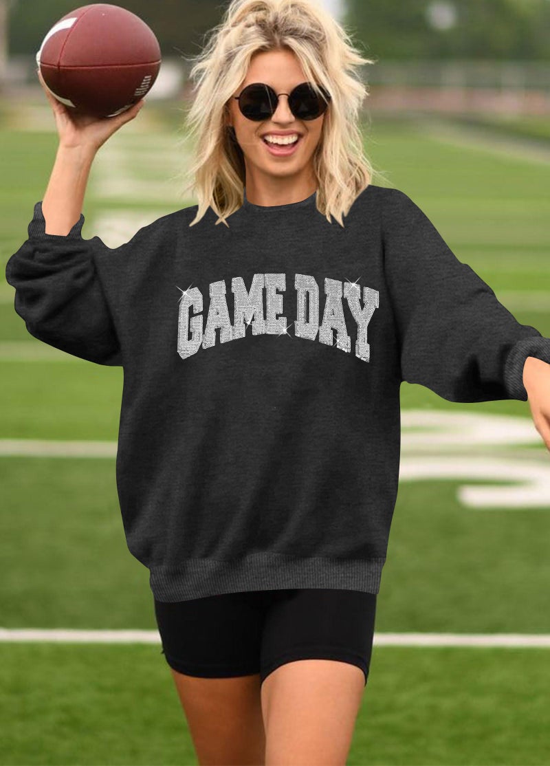 BEIDEFY Game Day Sweatshirt for Women Sequin Football Long Sleeve Shirt Crew Neck Sunday Funday Pullover Tops Dark Gray - Image 3