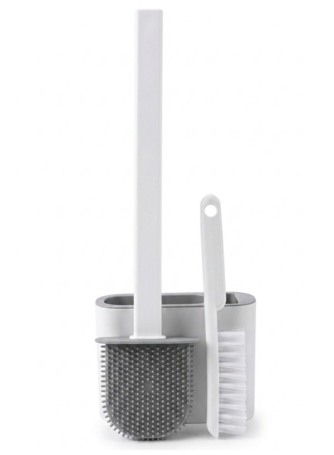 Bathroom Toilet Brush Set with Holder and Cleaning Brush, White & Gray - Image 1