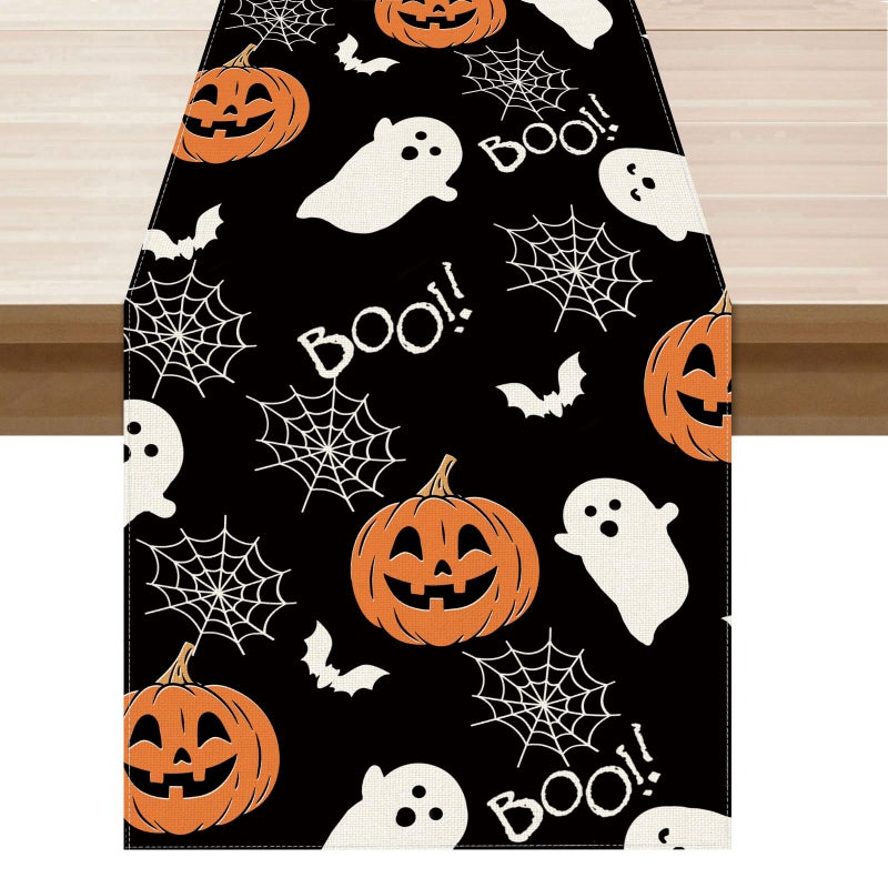 XCHI Boo Spooky Ghost Pumpkin Halloween Table Runner Burlap Table Decoration for Home Kitchen Dining Dinner Indoor Holiday Farmhouse Decor 13x72 Inch - Image 1