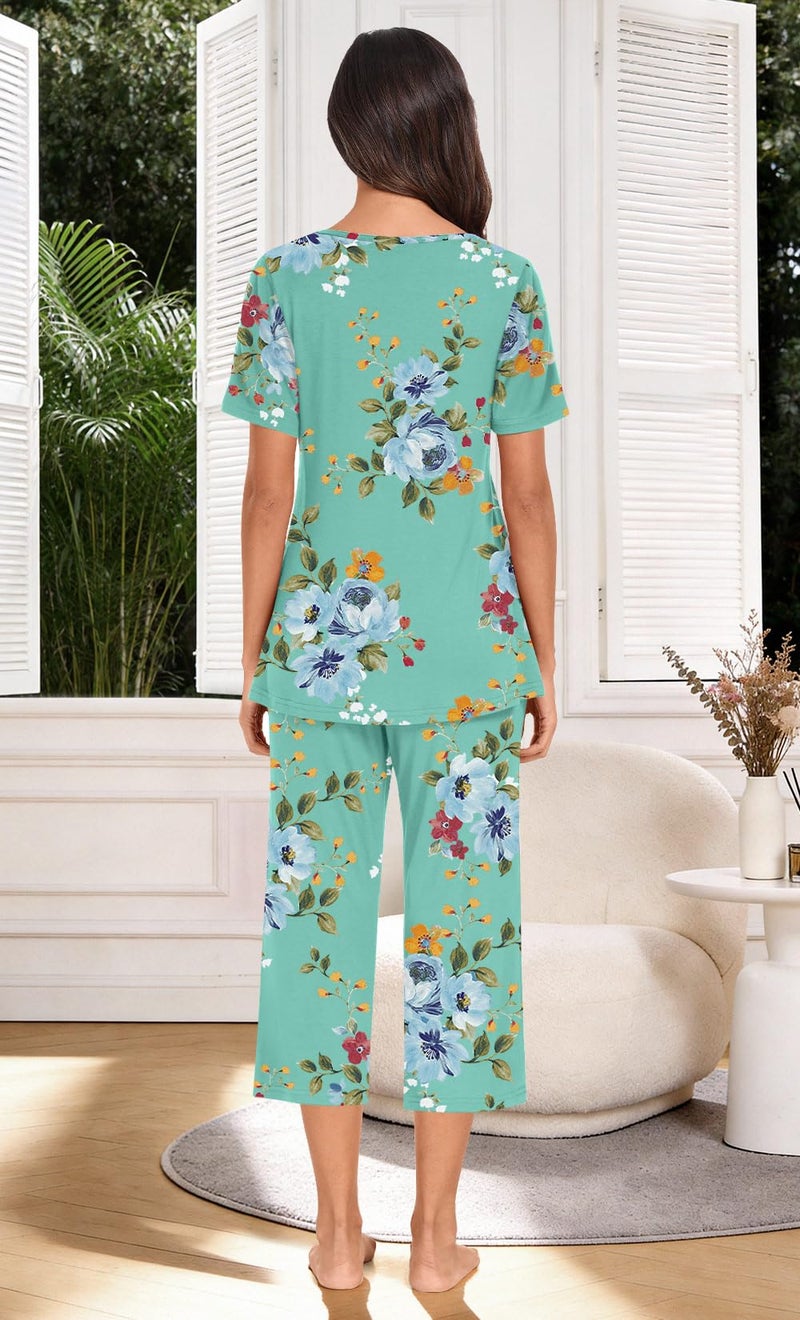 Anyally Women's Summer Pajama Set Plus Size Short Sleeve Shirt and Pajama Pants 2 Piece Sleepwear Pleated Ladies Pjs Sets with Pockets, 2XL Mint Green - Image 3