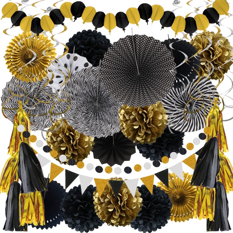 ZERODECO ZERODECO Party Decorations 41 Pcs Black and Gold Papar Fans Pompoms Garlands String Tissue Paper Tassel for Graduation Congrats Grad New Years Wedding Birthday Party 