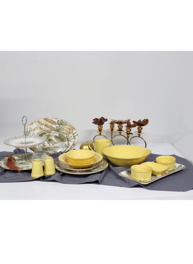 Turkish Porcelain Dinner Set – 43 Pieces : 6 large plates, 6 small plates, 6 deep large plates, 6 large soup bowls, 6 large coffee mugs, 3 serving plates in different sizes, 2-tier serving stand, 4-piece serving set, 2 fruit plates, 2 salt shakers, 1 large salad bowl. - Image 2