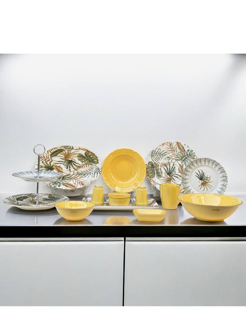 Turkish Porcelain Dinner Set – 43 Pieces : 6 large plates, 6 small plates, 6 deep large plates, 6 large soup bowls, 6 large coffee mugs, 3 serving plates in different sizes, 2-tier serving stand, 4-piece serving set, 2 fruit plates, 2 salt shakers, 1 large salad bowl. - Image 1
