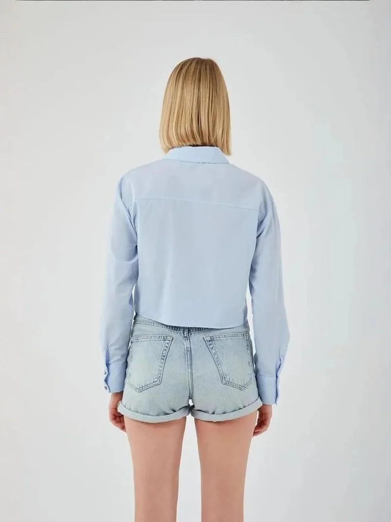 Mixray Baby Blue Cropped Poplin Shirt with Pocket Detail for Women | Best Price UAE