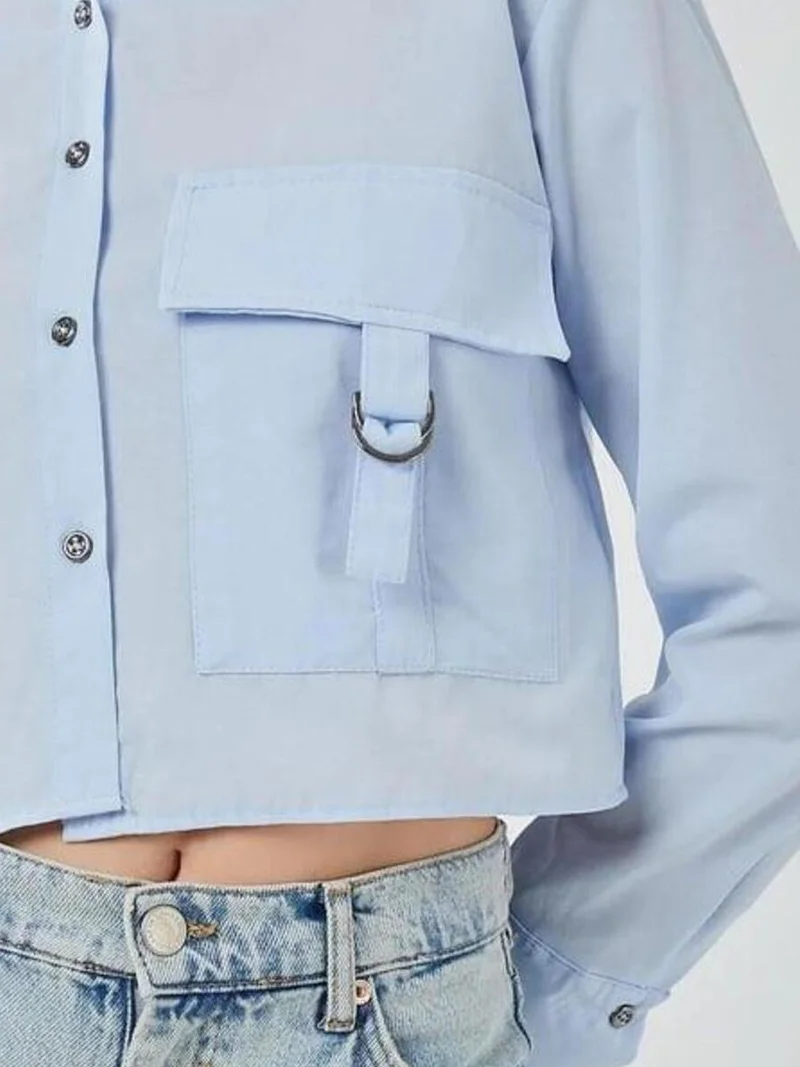 Mixray Baby Blue Cropped Poplin Shirt with Pocket Detail for Women | Best Price UAE