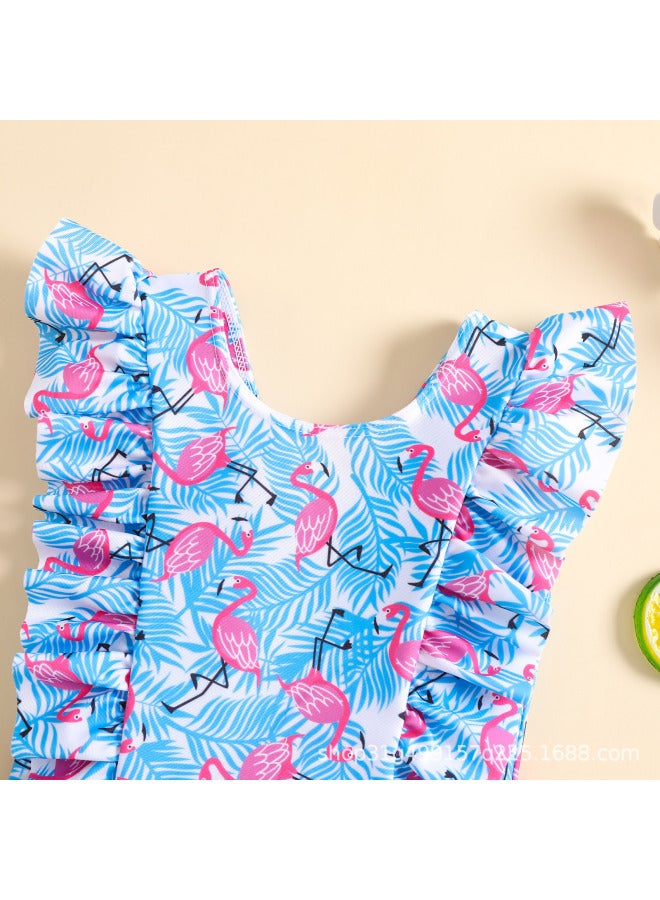 Loquat Direct Supply Girls Bikini Printed Ruffled Conjoined Baby Girl Briefs Hot Spring Beach Swimsuit-Color:Blue- - Image 4