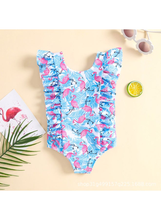 Loquat Direct Supply Girls Bikini Printed Ruffled Conjoined Baby Girl Briefs Hot Spring Beach Swimsuit-Color:Blue- - Image 1