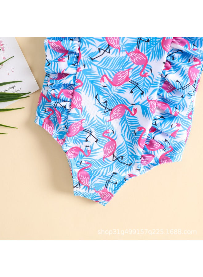 Loquat Direct Supply Girls Bikini Printed Ruffled Conjoined Baby Girl Briefs Hot Spring Beach Swimsuit-Color:Blue- - Image 3