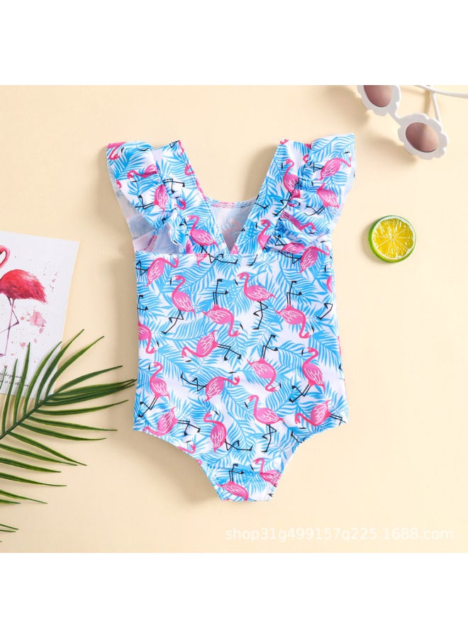 Loquat Direct Supply Girls Bikini Printed Ruffled Conjoined Baby Girl Briefs Hot Spring Beach Swimsuit-Color:Blue- - Image 2