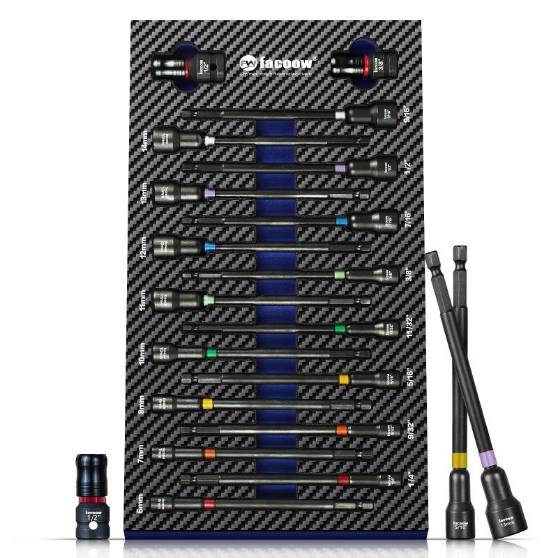 Facoow 6â€œ Impact Nut Drivers Set Magnetic, 18pcs Color Coded SAE & Metric Impact Nut Drivers, Extra Long Nut Drivers for Impact Drills, Impact Sockets Adapters (1/2" & 3/8") Impact Wrenches - Image 1