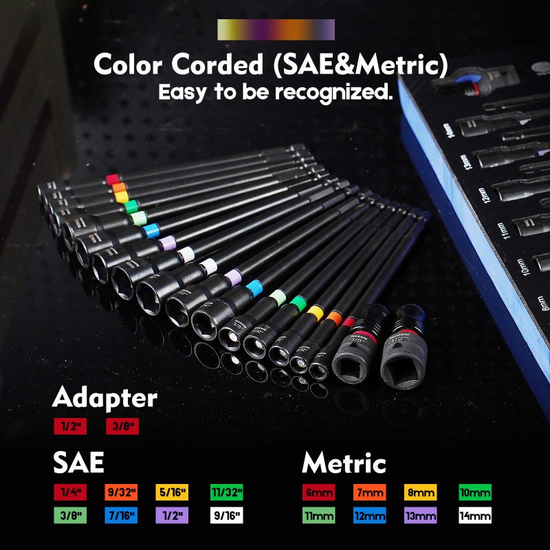 Facoow 6â€œ Impact Nut Drivers Set Magnetic, 18pcs Color Coded SAE & Metric Impact Nut Drivers, Extra Long Nut Drivers for Impact Drills, Impact Sockets Adapters (1/2" & 3/8") Impact Wrenches - Image 4