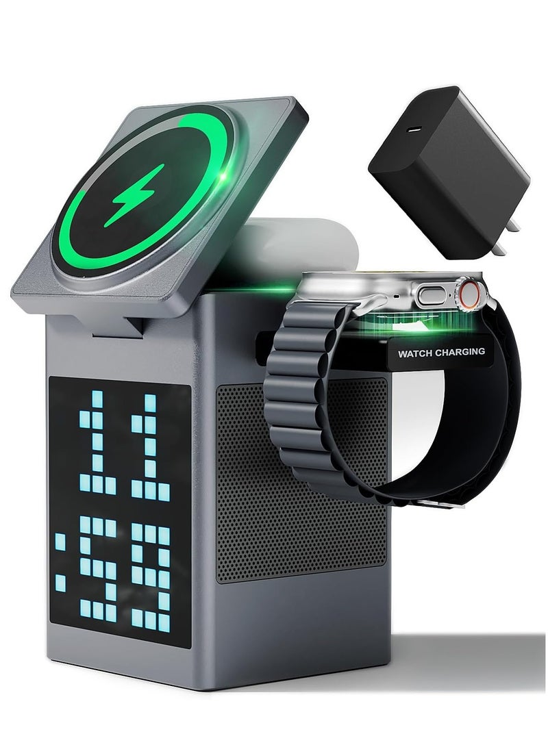 محطة شحن لاسلكية 6 في 1 مع مكبر صوت بلوتوث وشاشة عرض رسومية بكسل، ساعة رقمية، حامل شاحن مغناطيسي سريع 3 في 1 مع محول 18 وات للسفر iPhone وAirPods وساعة (رمادي) - Image 1