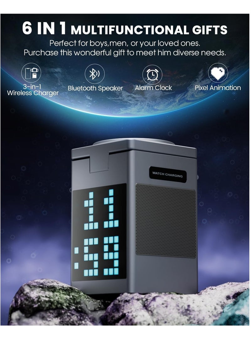 محطة شحن لاسلكية 6 في 1 مع مكبر صوت بلوتوث وشاشة عرض رسومية بكسل، ساعة رقمية، حامل شاحن مغناطيسي سريع 3 في 1 مع محول 18 وات للسفر iPhone وAirPods وساعة (رمادي) - Image 2