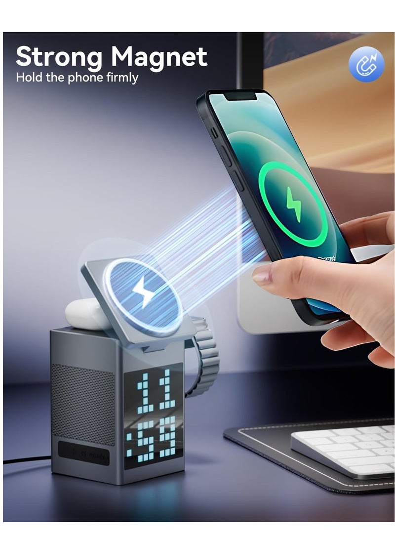 محطة شحن لاسلكية 6 في 1 مع مكبر صوت بلوتوث وشاشة عرض رسومية بكسل، ساعة رقمية، حامل شاحن مغناطيسي سريع 3 في 1 مع محول 18 وات للسفر iPhone وAirPods وساعة (رمادي) - Image 4