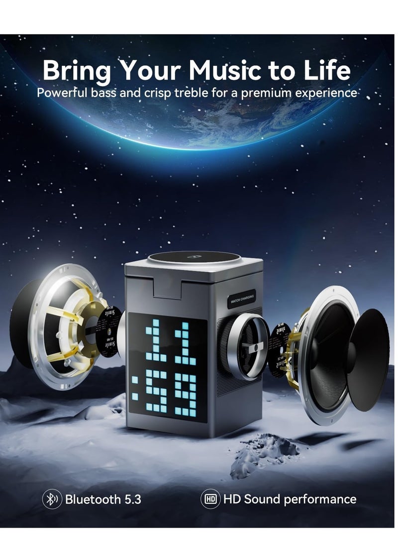 محطة شحن لاسلكية 6 في 1 مع مكبر صوت بلوتوث وشاشة عرض رسومية بكسل، ساعة رقمية، حامل شاحن مغناطيسي سريع 3 في 1 مع محول 18 وات للسفر iPhone وAirPods وساعة (رمادي) - Image 5