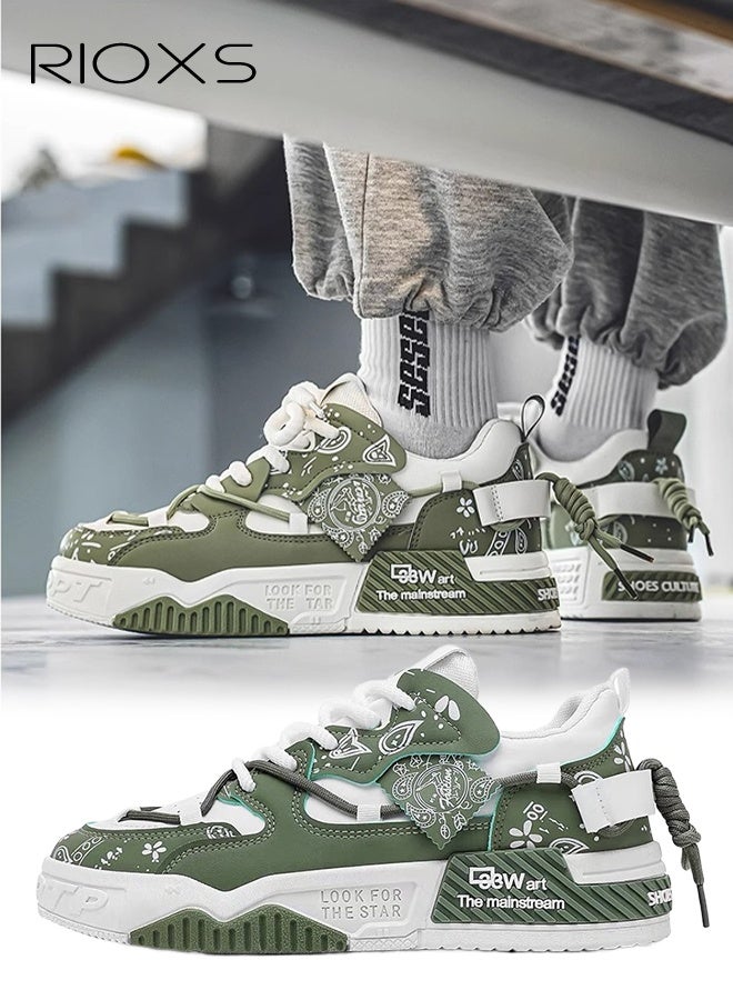 RIOXS Men's Athlesiure Shoes, Trendy Street Skate Shoes, Comfortable Versatile Sneakers For Men, Lace-Up Casual Athletic Shoes, Non-Slip Walking Shoes, Mens Thick-Soled Skateboarding Sneakers, Fashion Tennis Shoes Streetwear Sneakers, Classic Green Trainers Men's Footwear - Image 1