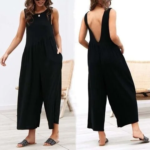 Barbora Linen Summer Casual Backless Casual Women's Jumpsuit LN212SIYAH11