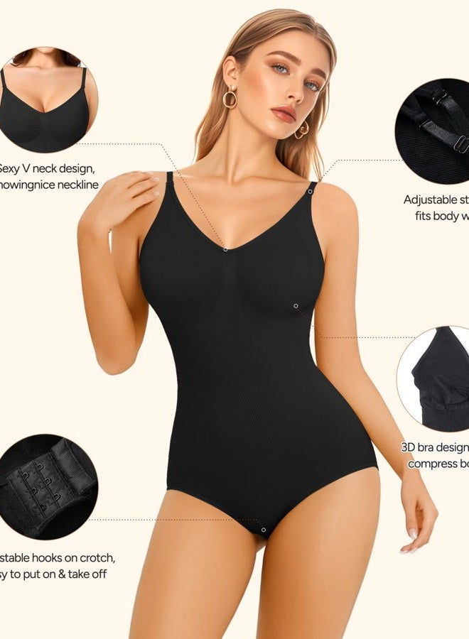 Irisnaya Women Bodysuit Shapewear Tummy Control Body Shaper Spaghetti Strap Top Camisole Leotard Bodycon Jumpsuit Black - Image 3