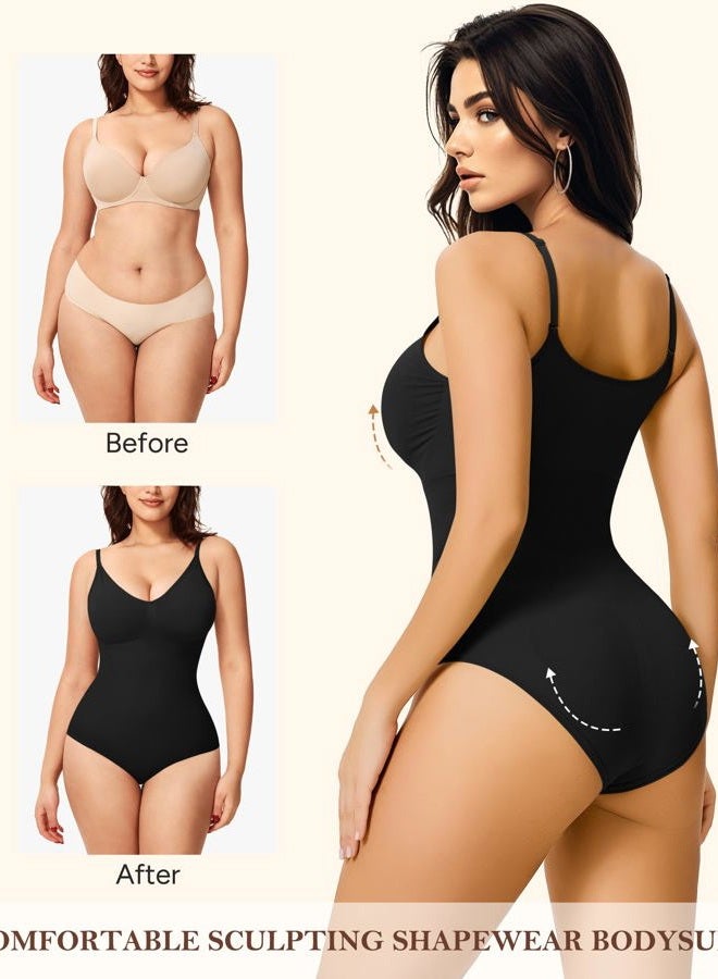Irisnaya Women Bodysuit Shapewear Tummy Control Body Shaper Spaghetti Strap Top Camisole Leotard Bodycon Jumpsuit Black - Image 4