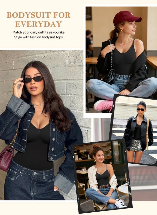 Irisnaya Women Bodysuit Shapewear Tummy Control Body Shaper Spaghetti Strap Top Camisole Leotard Bodycon Jumpsuit Black - Image 5