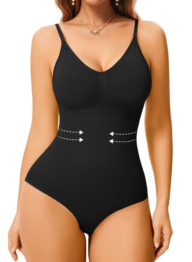 Irisnaya Women Bodysuit Shapewear Tummy Control Body Shaper Spaghetti Strap Top Camisole Leotard Bodycon Jumpsuit Black - Image 2