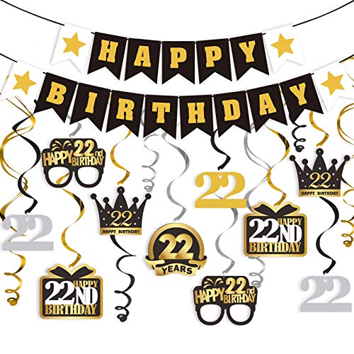 LINGTEER Happy 22nd Birthday Decorations Set 12Pcs Black Gold Swirls StreamerHappy Birthday Bunting BannerCheers to 22 Years Old Bday Party Decorations Gift Sign - Image 1