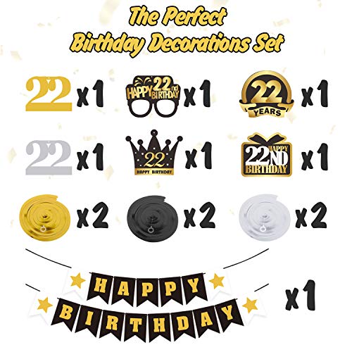 LINGTEER Happy 22nd Birthday Decorations Set 12Pcs Black Gold Swirls StreamerHappy Birthday Bunting BannerCheers to 22 Years Old Bday Party Decorations Gift Sign - Image 5