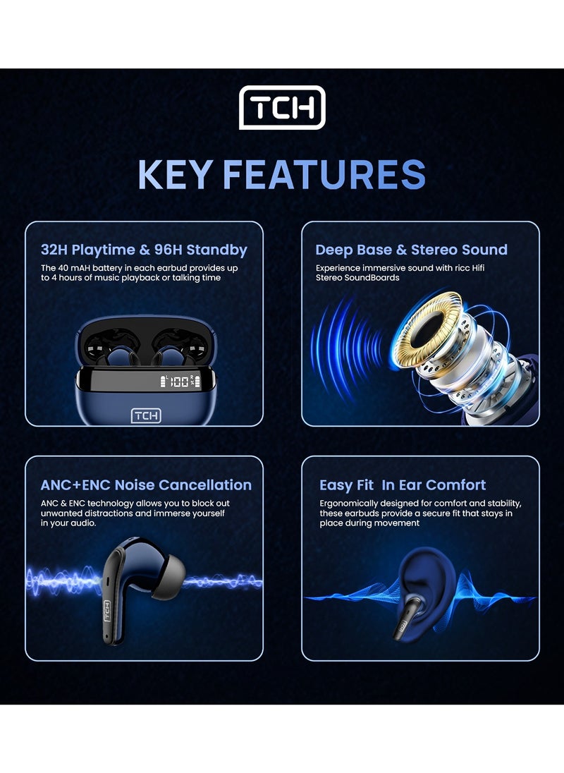 TCH - L10 Wireless Earbuds Noise Cancellation ENC", Bluetooth 5.3, "Stereo" Sound earbud, IPX4 Water Resistance, Voice Assistant, 13mm Earphones, "AI-Enhanced Calls, 2 Mics, 32-Hour Battery - Image 1