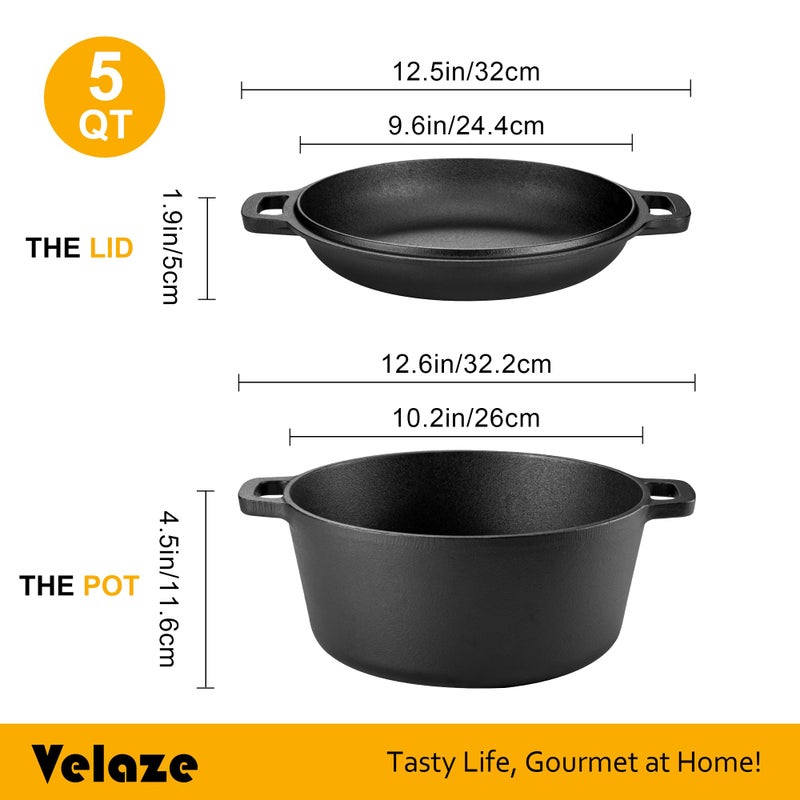 Velaze Cast Iron Dutch Oven Pot with Skillet Lid, 2-in-1 Pre-Seasoned Dual Handle Cast Iron Pan for Bread Baking, Frying, and Camping - Black 5QT - Image 2