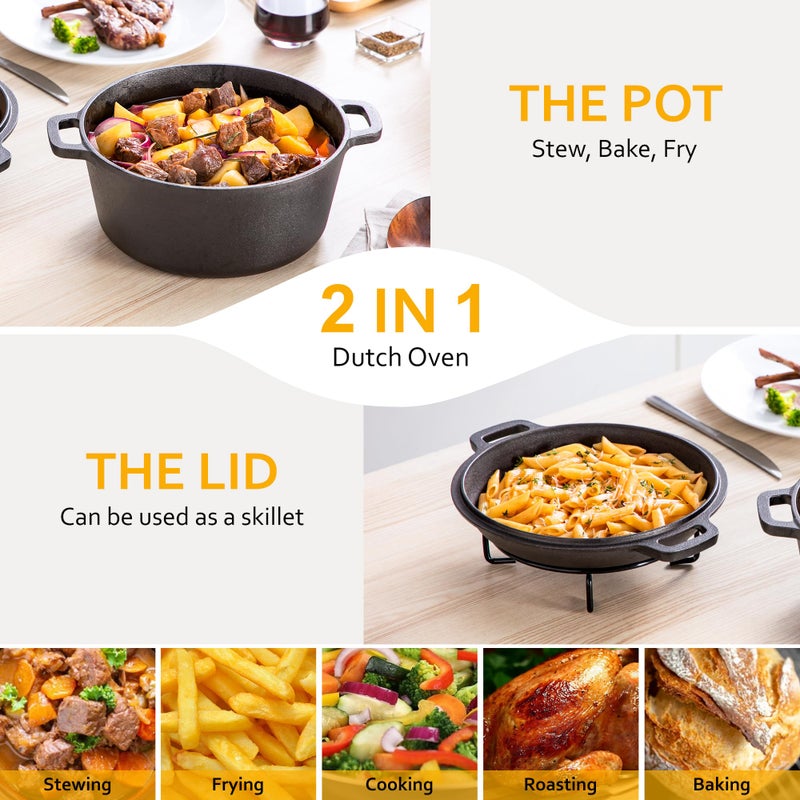 Velaze Cast Iron Dutch Oven Pot with Skillet Lid, 2-in-1 Pre-Seasoned Dual Handle Cast Iron Pan for Bread Baking, Frying, and Camping - Black 5QT - Image 3