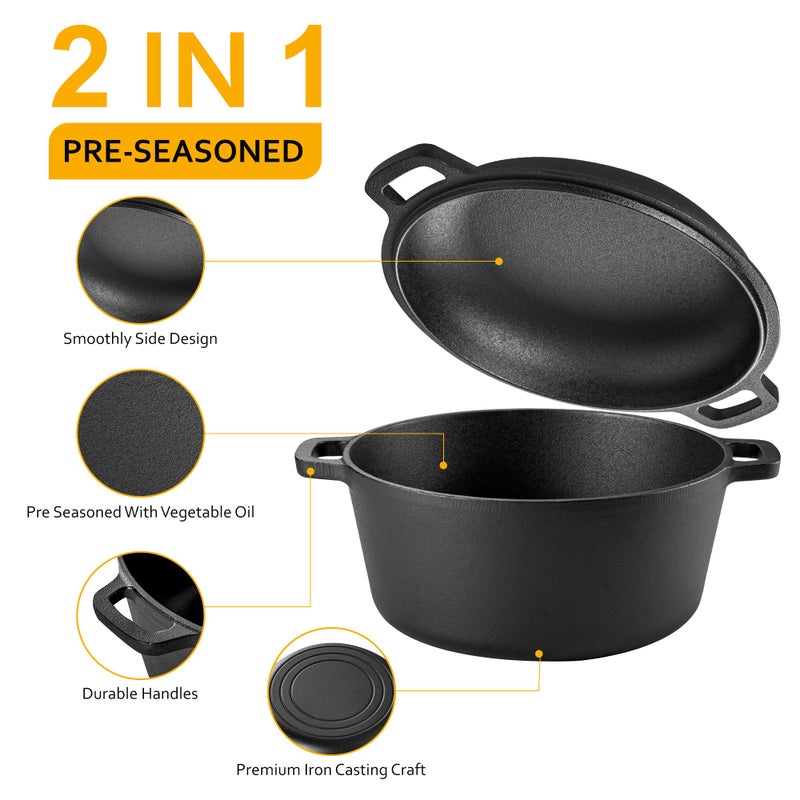 Velaze Cast Iron Dutch Oven Pot with Skillet Lid, 2-in-1 Pre-Seasoned Dual Handle Cast Iron Pan for Bread Baking, Frying, and Camping - Black 5QT - Image 5
