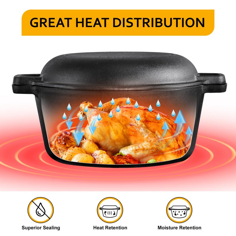 Velaze Cast Iron Dutch Oven Pot with Skillet Lid, 2-in-1 Pre-Seasoned Dual Handle Cast Iron Pan for Bread Baking, Frying, and Camping - Black 5QT - Image 4